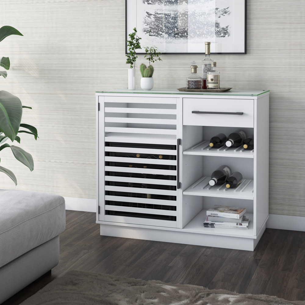 A white bar cabinet with open shelves and slatted cabinet door that conceals a refrigerated cooler